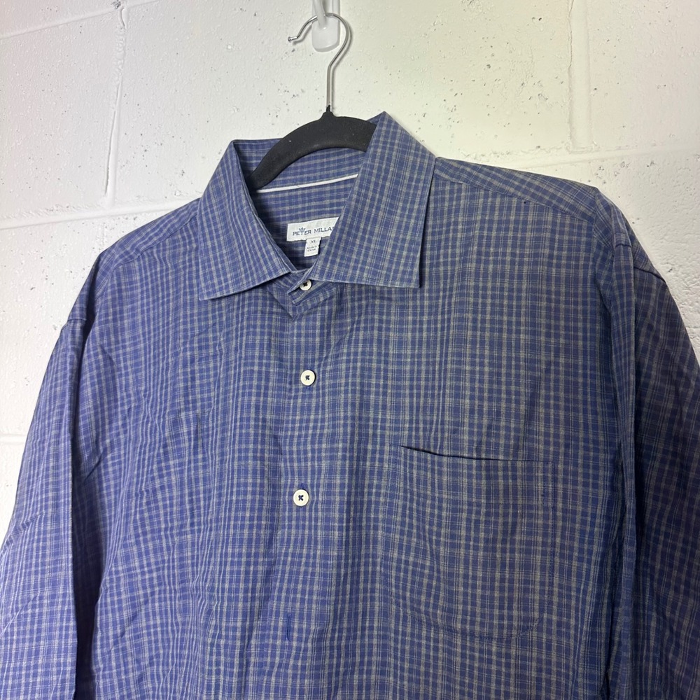 Peter Millar Mens XL Blue Grey Micro Check Plaid Long Sleeve Button Down Shirt